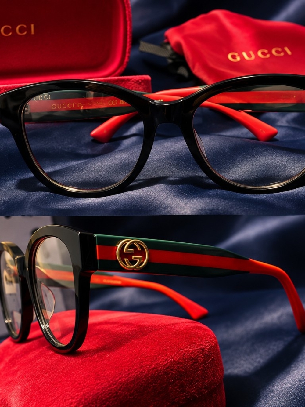 Gucci Black Frames with Red Temples and Green-Red Stripe Men's Glasses